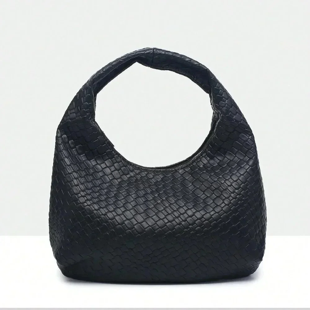 Black Casual Women's Leisure Faux Woven Leather Shoulder Bag
